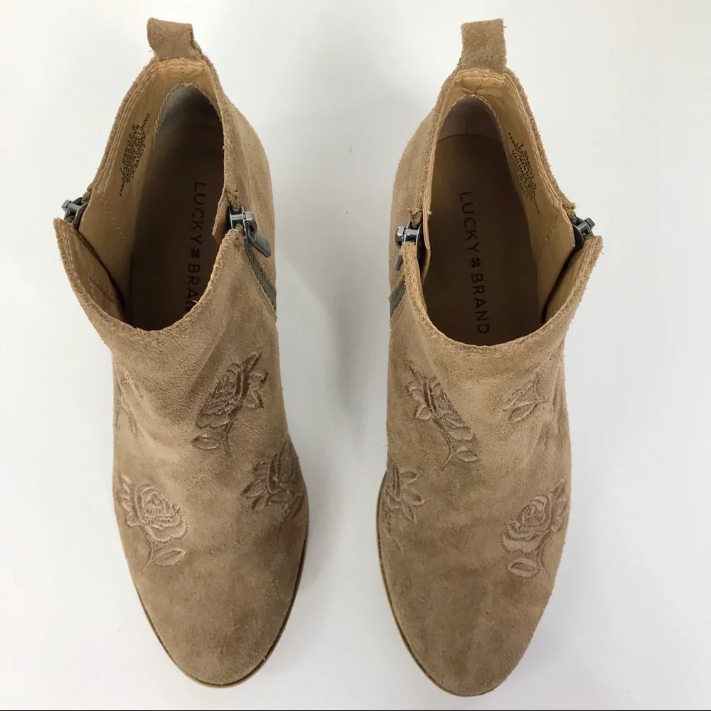Lucky Brand Rose Embroidered Suede Tan Ankle‎ Boot
